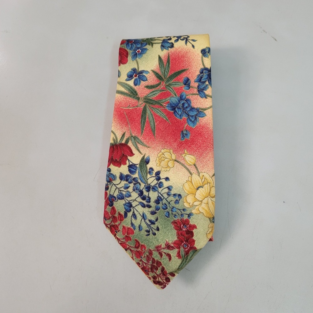 Mango Man Mens Floral Necktie Red‎ Blue Yellow Botanical 100% Cotton Made in USA
